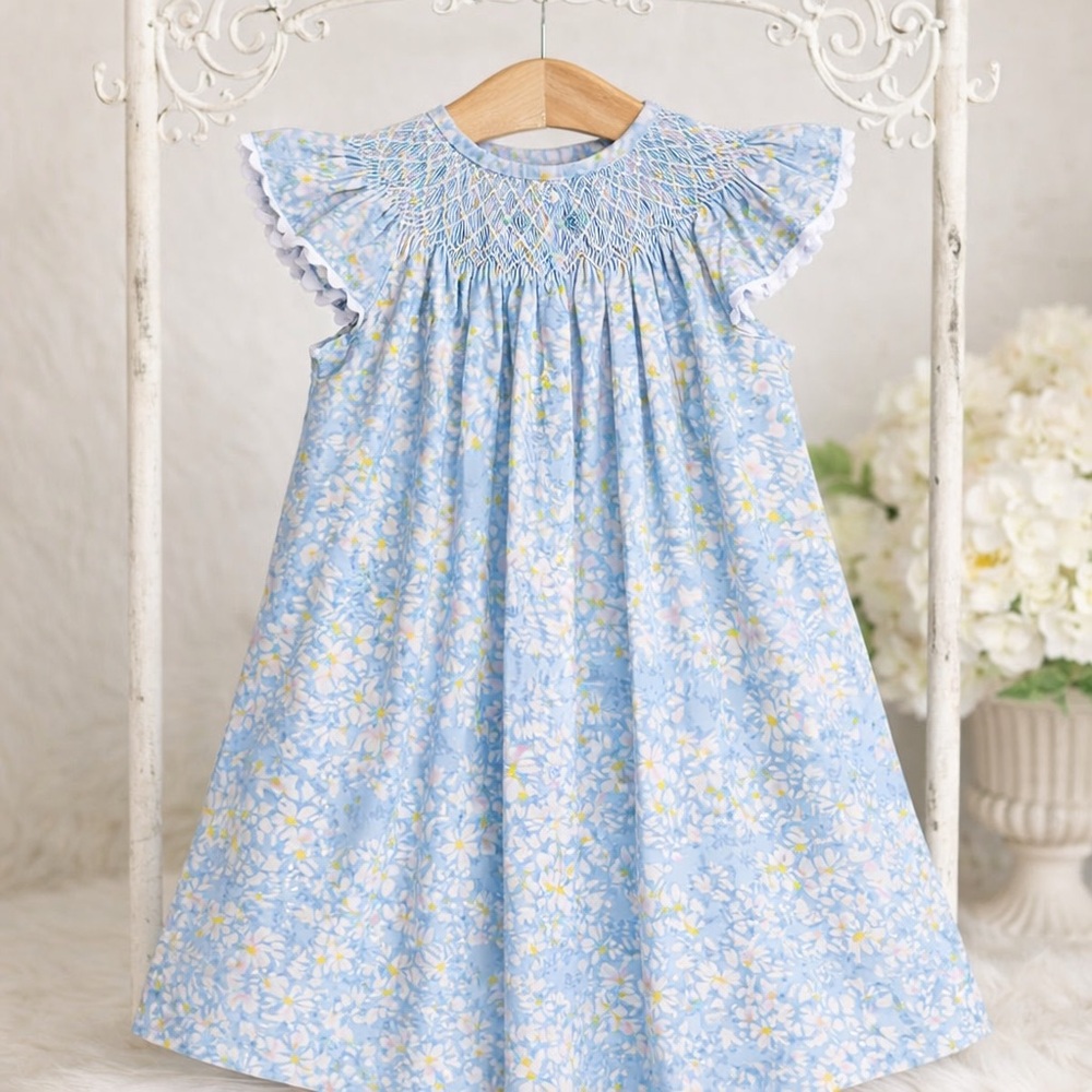 Birmingham Blues Hand Smocked Bishop Dress 2T Blue Floral Heirloom Easter